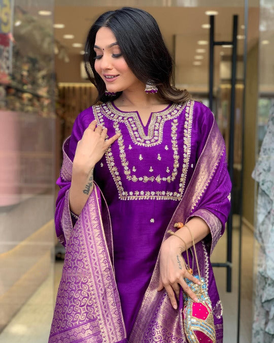 Royal Purple Zari Kurta Set with Banarasi Dupatta