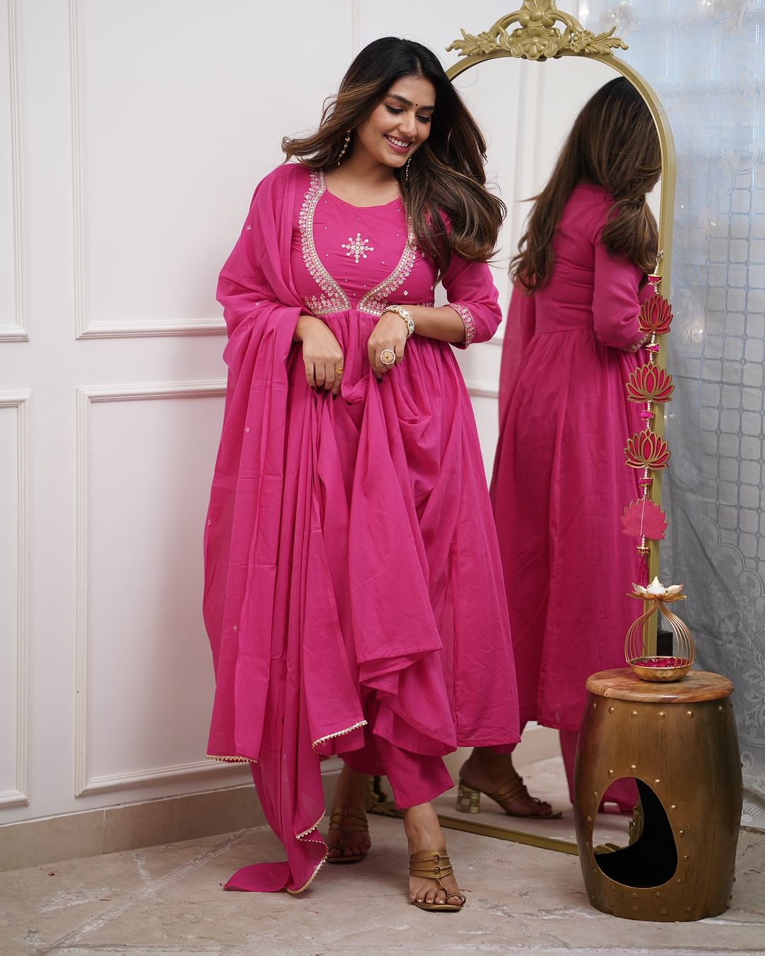 Hot Pink Anarkali Kurta Set with Dupatta For Women