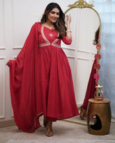 Red Anarkali Kurta Set with Zari Work & Dupatta