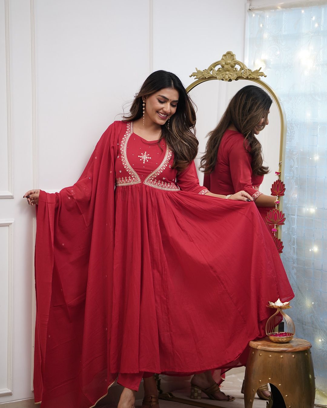 Red Anarkali Kurta Set with Zari Work & Dupatta
