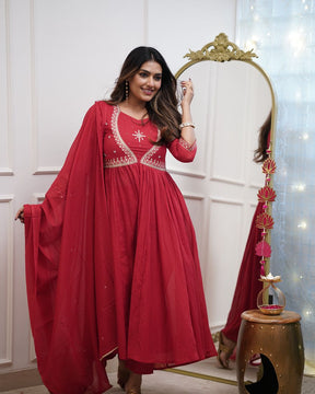 Red Anarkali Kurta Set with Zari Work & Dupatta