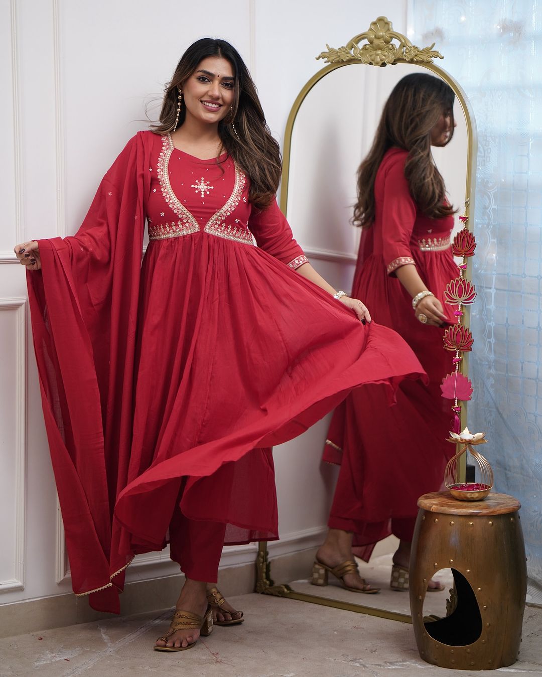 Red Anarkali Kurta Set with Zari Work & Dupatta