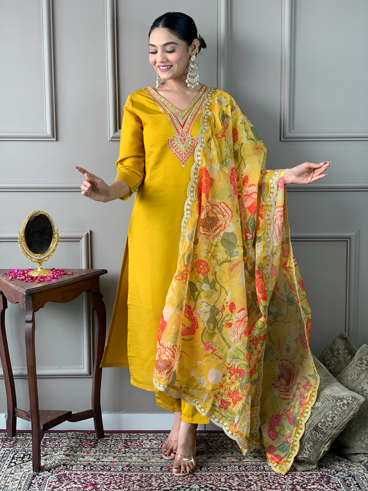 Mustard Yellow Embroidered Kurta Set with Floral Dupatta