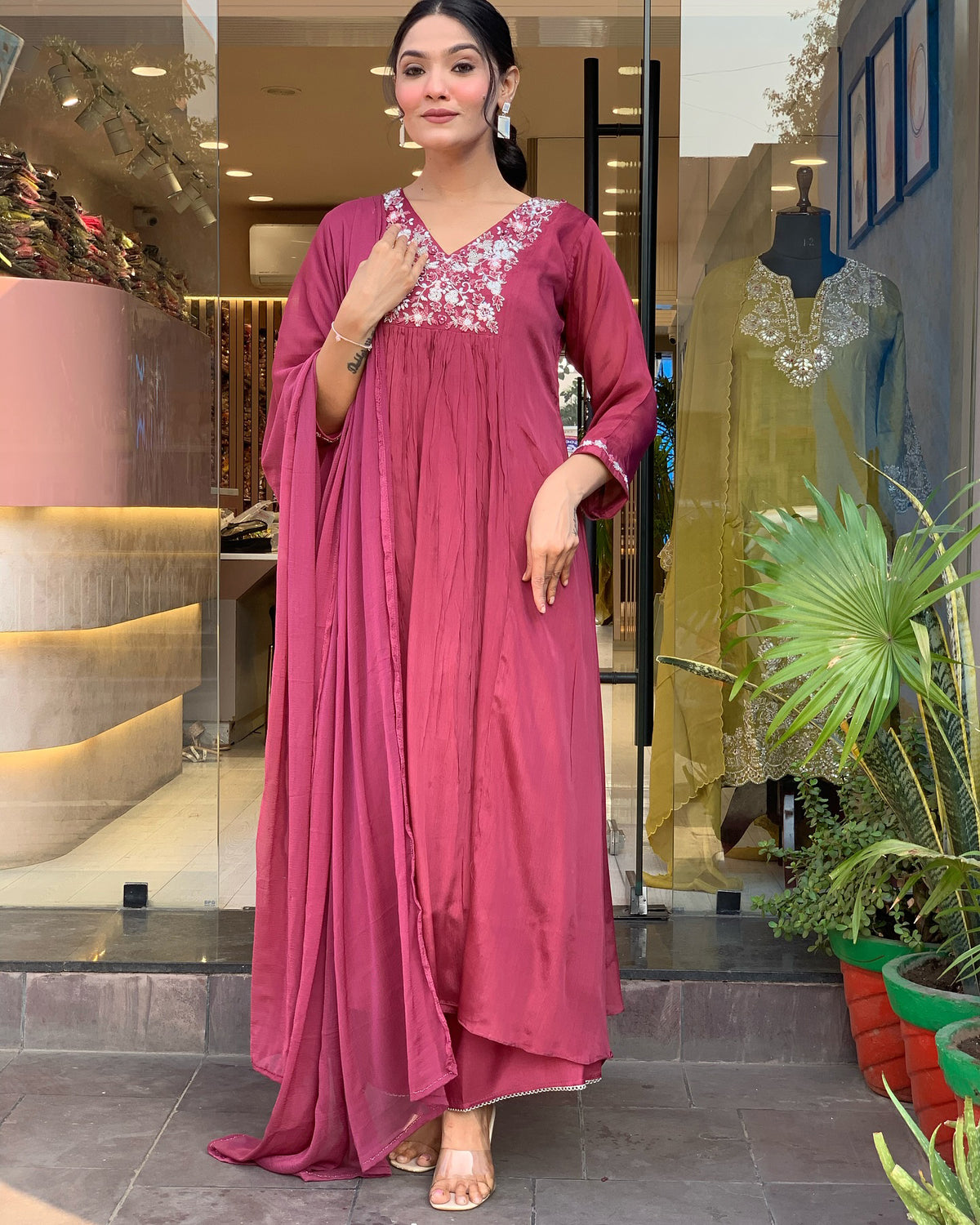 Deep Rose Embroidered Anarkali Kurta Set