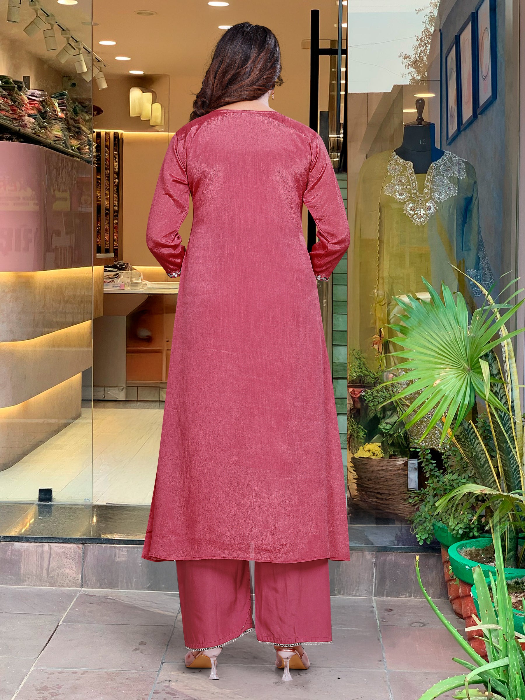 Deep Rose Embroidered Anarkali Kurta Set