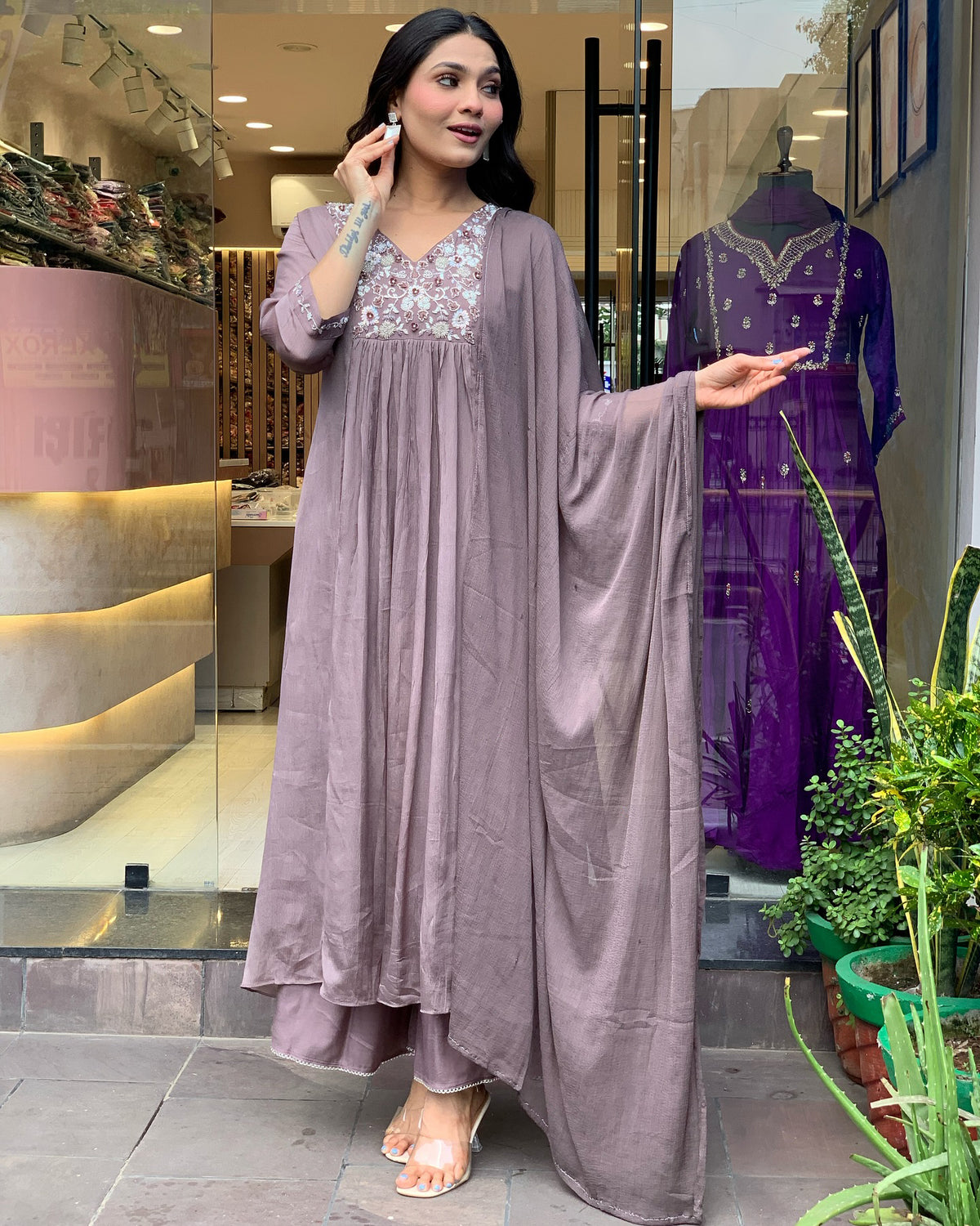 Pastel Lavender Embroidered Anarkali Kurta Set