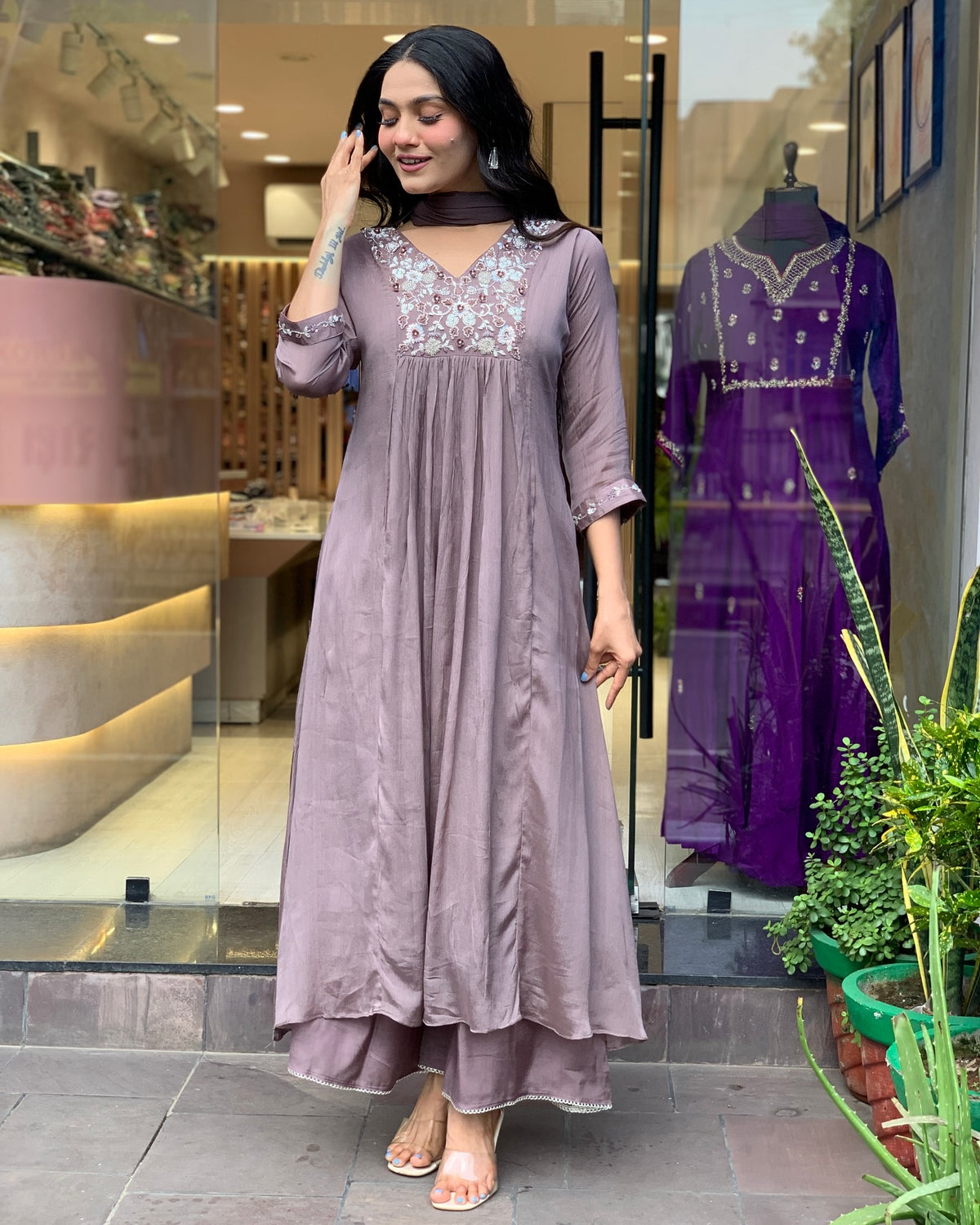 Pastel Lavender Embroidered Anarkali Kurta Set