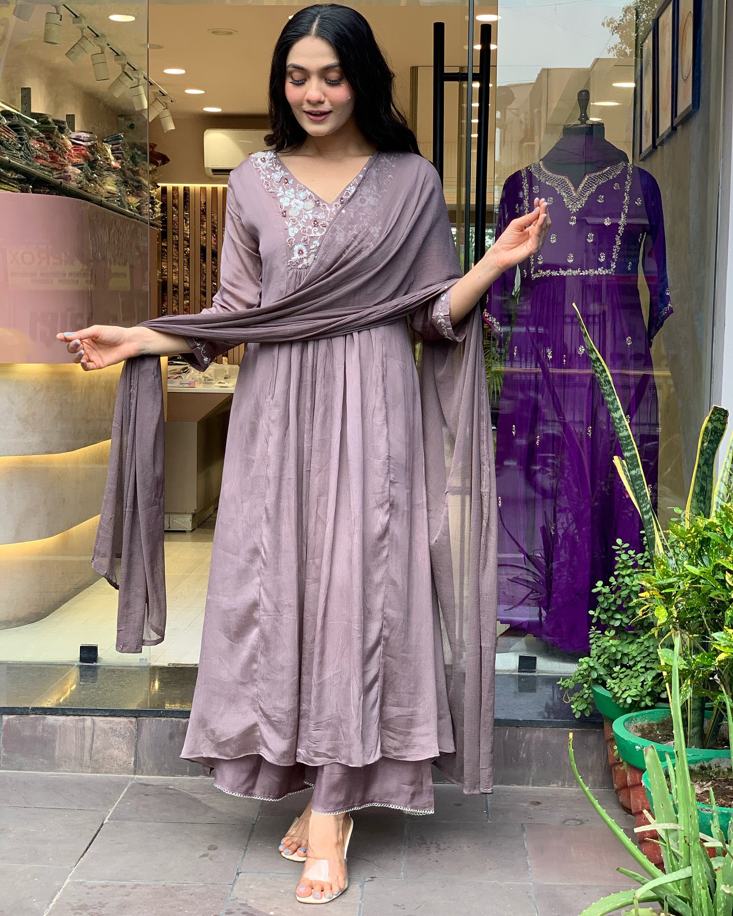 Pastel Lavender Embroidered Anarkali Kurta Set