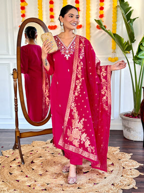 Birja Rani Pink Embroidered Kurta Set with Dupatta