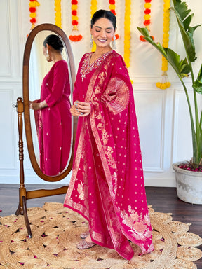 Birja Rani Pink Embroidered Kurta Set with Dupatta