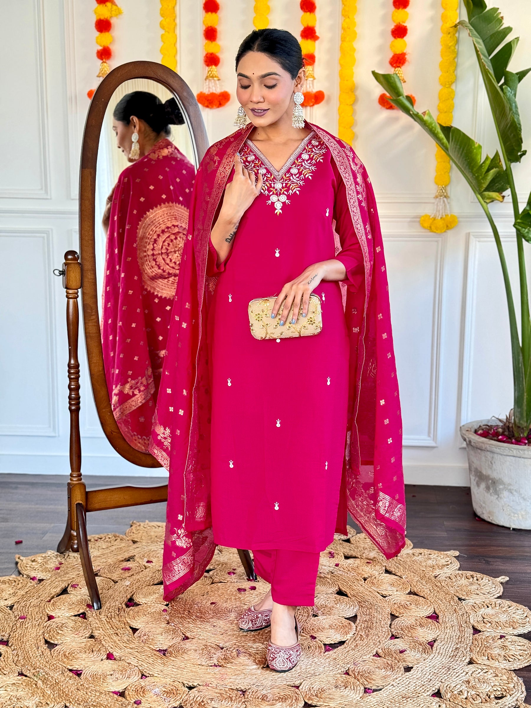 Birja Rani Pink Embroidered Kurta Set with Dupatta