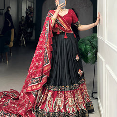 Ethnic Black Maroon Lehenga Choli with Tassels & Patola Print