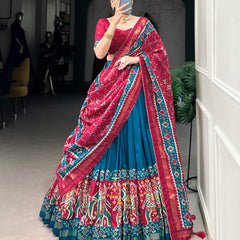Ethnic Firoji & Pink Lehenga Choli with Tassels & Patola Print