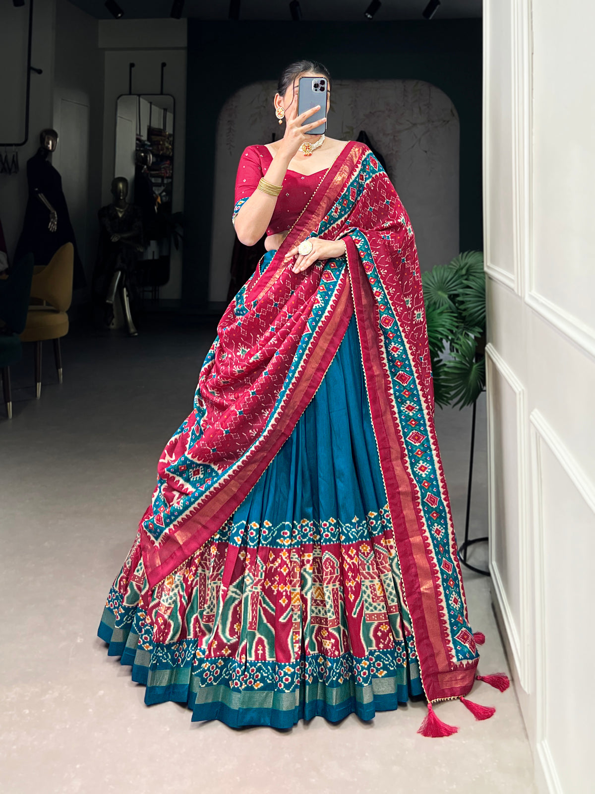 Ethnic Firoji & Pink Lehenga Choli with Tassels & Patola Print