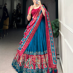 Ethnic Firoji & Pink Lehenga Choli with Tassels & Patola Print