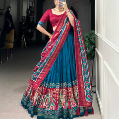 Ethnic Firoji & Pink Lehenga Choli with Tassels & Patola Print
