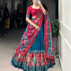 Ethnic Firoji & Pink Lehenga Choli with Tassels & Patola Print