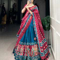 Ethnic Firoji & Pink Lehenga Choli with Tassels & Patola Print