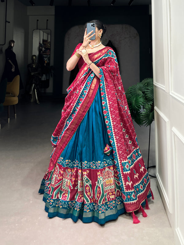 Ethnic Firoji & Pink Lehenga Choli with Tassels & Patola Print