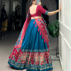 Ethnic Firoji & Pink Lehenga Choli with Tassels & Patola Print