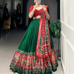 Ethnic Green & Red Lehenga Choli with Tassels & Patola Print