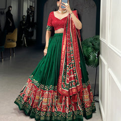 Ethnic Green & Red Lehenga Choli with Tassels & Patola Print