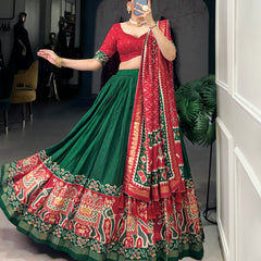 Ethnic Green & Red Lehenga Choli with Tassels & Patola Print