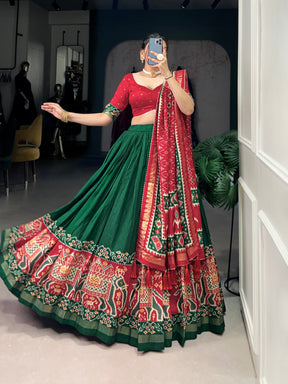 Ethnic Green & Red Lehenga Choli with Tassels & Patola Print