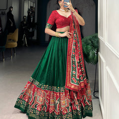 Ethnic Green & Red Lehenga Choli with Tassels & Patola Print