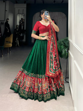 Ethnic Green & Red Lehenga Choli with Tassels & Patola Print