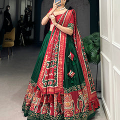 Ethnic Green & Red Lehenga Choli with Tassels & Patola Print