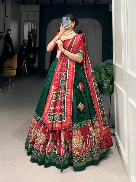 Ethnic Green & Red Lehenga Choli with Tassels & Patola Print
