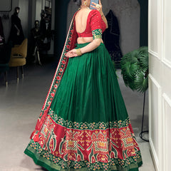 Ethnic Green & Red Lehenga Choli with Tassels & Patola Print
