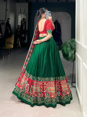 Ethnic Green & Red Lehenga Choli with Tassels & Patola Print