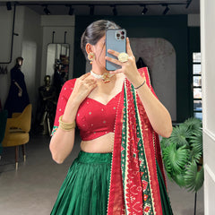 Ethnic Green & Red Lehenga Choli with Tassels & Patola Print