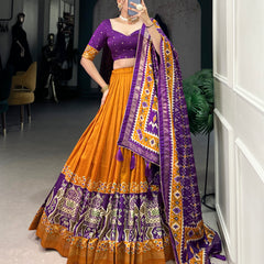 Ethnic Yellow & Purple Lehenga Choli with Tassels & Patola Print
