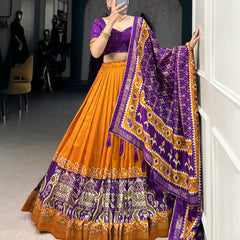 Ethnic Yellow & Purple Lehenga Choli with Tassels & Patola Print