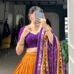 Ethnic Yellow & Purple Lehenga Choli with Tassels & Patola Print