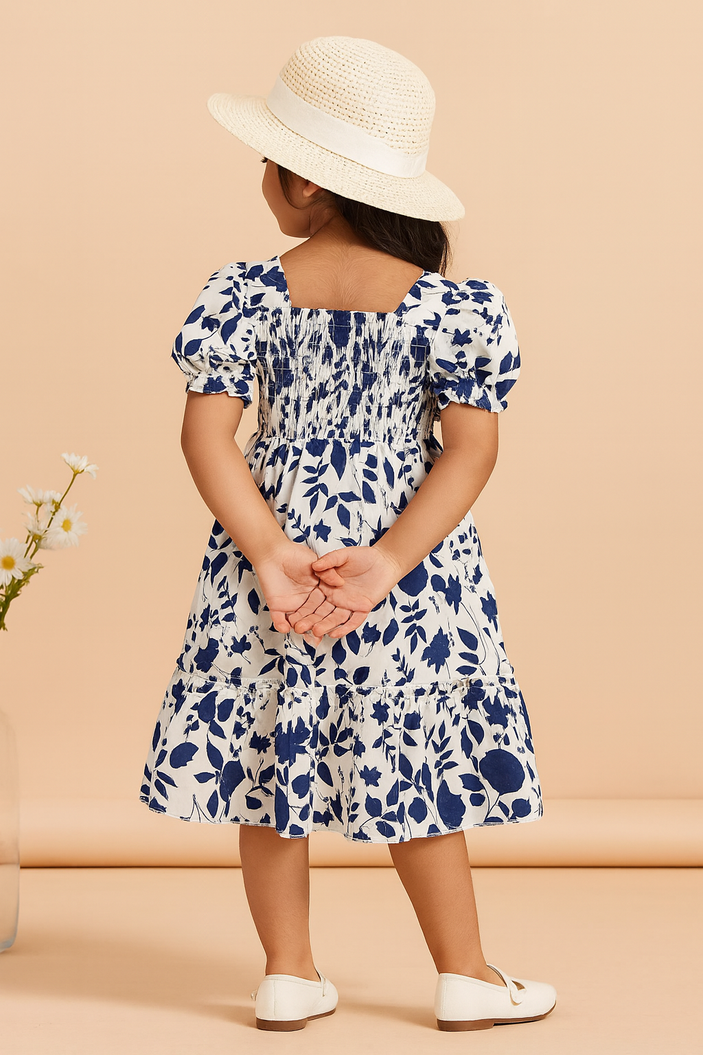 Girls Blue Floral Puff-Sleeve Smocked Cotton Dress with Ruffle Hem