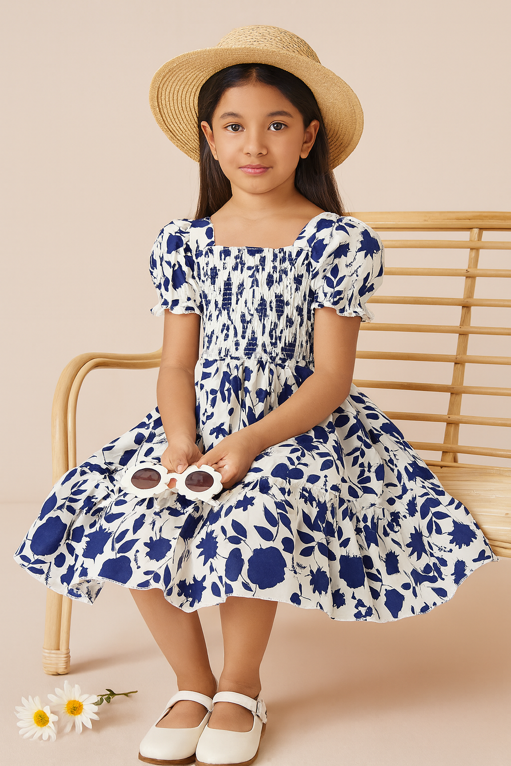 Girls Blue Floral Puff-Sleeve Smocked Cotton Dress with Ruffle Hem