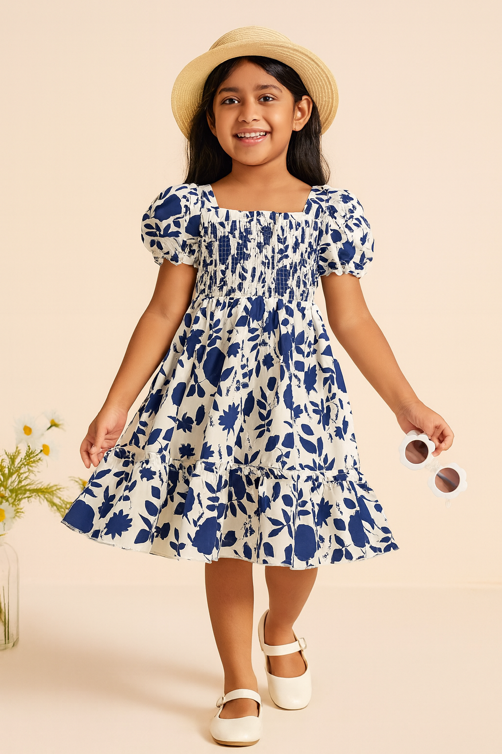 Glamgait Navy Blue Floral Printed Short Sleeve Midi Kids Dress