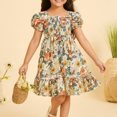 Girls Floral Puff Sleeve Smocked Dress – Cotton Midi Dress for Kids Age 8 – Casual Party Outfit with Vintage Flower Print