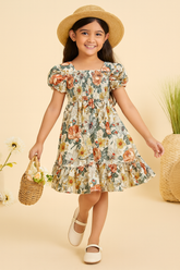 Girls Floral Puff Sleeve Smocked Dress – Cotton Midi Dress for Kids Age 8 – Casual Party Outfit with Vintage Flower Print