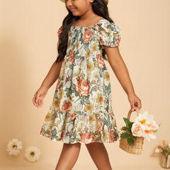 Girls Floral Puff Sleeve Smocked Dress – Cotton Midi Dress for Kids Age 8 – Casual Party Outfit with Vintage Flower Print