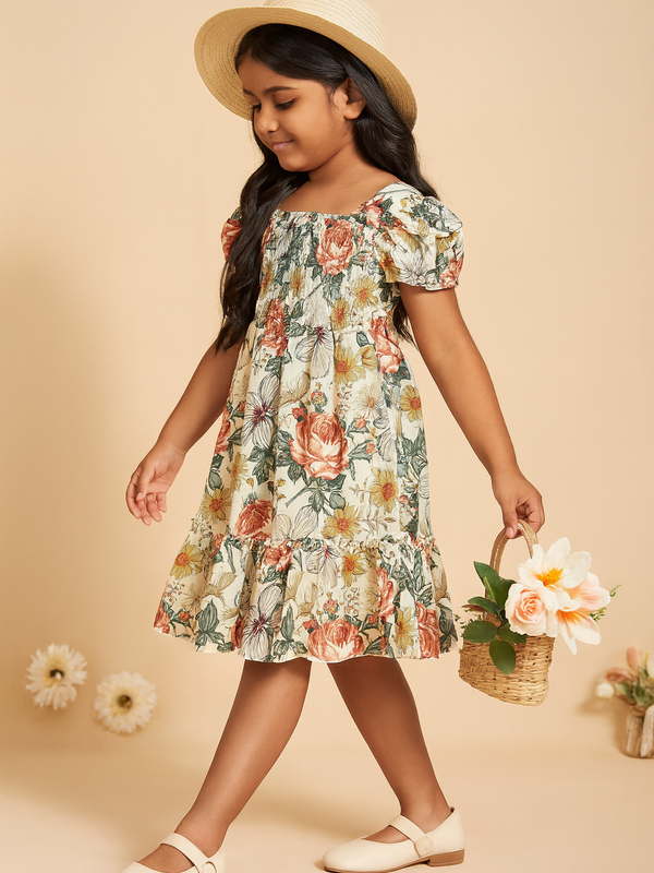 Girls Floral Puff Sleeve Smocked Dress – Cotton Midi Dress for Kids Age 8 – Casual Party Outfit with Vintage Flower Print