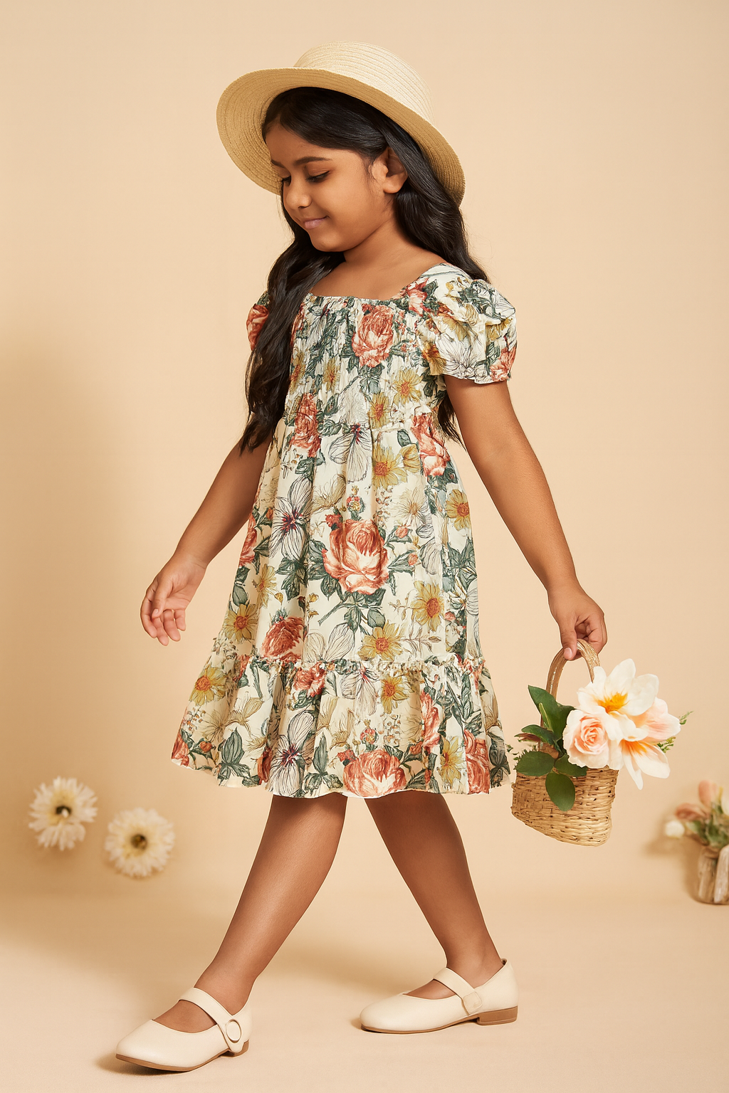 Girls Floral Puff Sleeve Smocked Dress – Cotton Midi Dress for Kids Age 8 – Casual Party Outfit with Vintage Flower Print