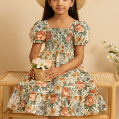 Girls Floral Puff Sleeve Smocked Dress – Cotton Midi Dress for Kids Age 8 – Casual Party Outfit with Vintage Flower Print