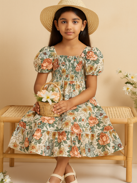 Girls Floral Puff Sleeve Smocked Dress – Cotton Midi Dress for Kids Age 8 – Casual Party Outfit with Vintage Flower Print