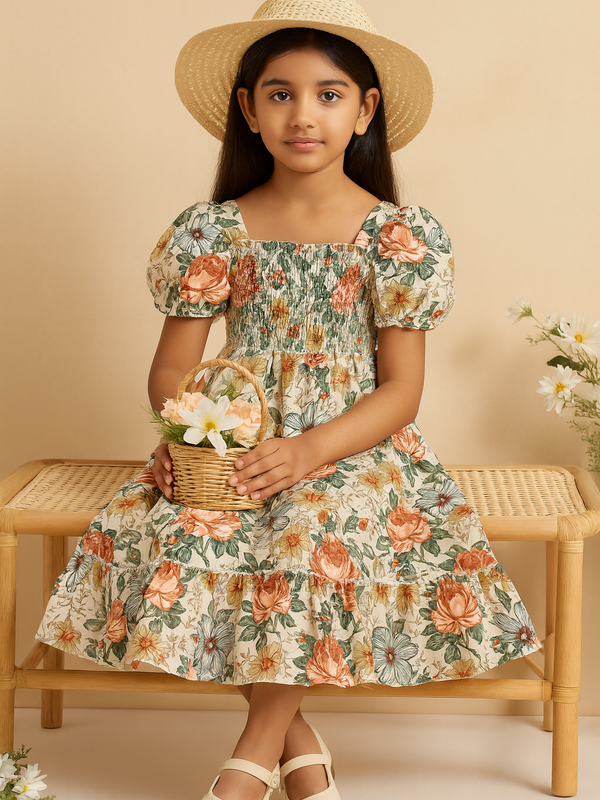 Girls Floral Puff Sleeve Smocked Dress – Cotton Midi Dress for Kids Age 8 – Casual Party Outfit with Vintage Flower Print