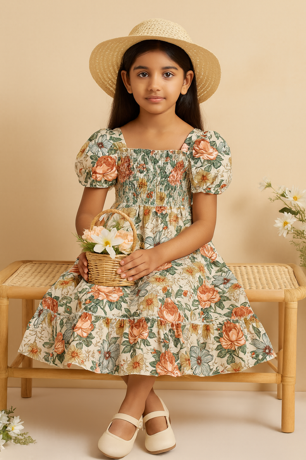 Girls Floral Puff Sleeve Smocked Dress – Cotton Midi Dress for Kids Age 8 – Casual Party Outfit with Vintage Flower Print